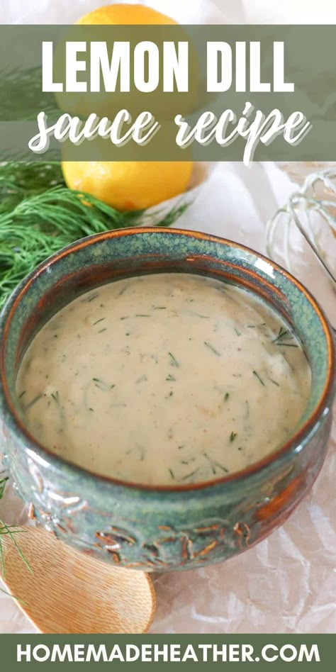 This lemon dill sauce is a zesty, creamy blend of fresh lemon juice, aromatic dill, and mayonnaise. The perfect addition to your fish dishes! Lemon And Dill Sauce, Lemon Chive Dipping Sauce, Lemon Dill Dip, Outback Tiger Dill Sauce, Salmon Dill Sauce Recipes, Lemon Butter Dill Sauce For Salmon, Dill Sauce For Salmon Patties, Lemon Dill Sauce For Fish, Dill Sauce For Salmon Easy