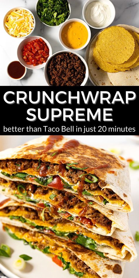 Better than the drive-thru version, my homemade Taco Bell crunchwrap supreme is loaded with layers of flour tortillas, seasoned ground beef, nacho cheese, a crunchy tostada shell, cool sour cream, shredded lettuce, diced tomato, and more melty cheese. This 20-minute dinner is the perfect way to switch up taco night at your house this week! Homemade Taco Bell, Taco Bell Crunchwrap Supreme, Taco Bell Crunchwrap, Homemade Crunchwrap, Crunchwrap Supreme, Crunch Wrap, Homemade Crunchwrap Supreme, Cafe Delites, Fajita Recipe