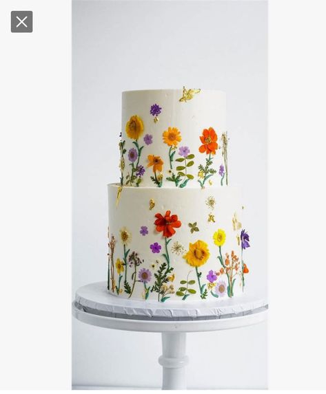 Pressed Edible Flowers Cake, Flower Cake Two Tier, Botanical Birthday Theme, Edible Flower Cake Decoration, Pressed Flower Cakes, 2 Tier Flower Cake, 2 Tier Floral Cake, Cake Dried Flowers, Wild Flower Cake