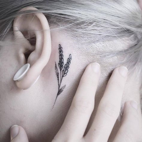 Behind the ear lavender Daggar Tattoo, Tragus Tattoo, Tattoo Lavender, Behind Ear Tattoos, Tattoo Behind Ear, H Tattoo, Tiny Wrist Tattoos, Medieval Tattoo, Lavender Tattoo