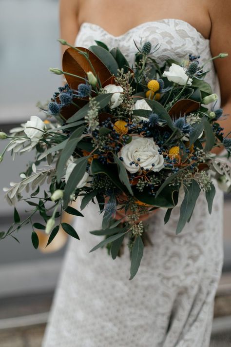 Thistle Wedding Flowers, Privet Berry, Unique Bouquets, Magnolia Bouquet, Scottish Flowers, Thistle Wedding, Berry Bouquet, Greenery Wedding Bouquet, Green Wedding Bouquet