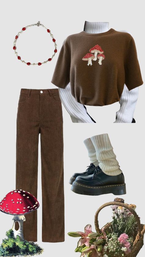 Cottagecore Outfits Mushroom, Mushrooms Outfit, Cottagecore Outfit Inspo Summer, Mushroom Core Aesthetic Outfits, Mushroom Pants Outfit, Mushroom Clothes Aesthetic, Cute Mushroom Outfits, Colourful Cottagecore Outfit, Cottagecore Tomboy