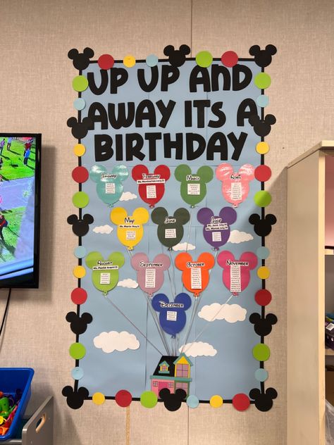 A birthday wall inspired by Disney’s Up & Mickey Mouse! Diy Disney Classroom Decor, Mickey Mouse Birthday Board Classroom, Mickey Mouse Birthday Bulletin Board, Happiest Classroom On Earth, Teacher Wall Ideas, Minnie Mouse Classroom Theme, Disney Birthday Wall Ideas For Classroom, Disney Themed Classrooms, Disney Day At School Ideas