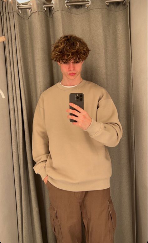 Beige And Brown Outfit Ideas Men, Vanilla Boy Outfits, Beige Sweatshirt Outfit Men, Beige Sweater Outfit Men, Guy In Sweater, Beige Crewneck Outfit, Brown Jeans Outfit Mens, Brown And Tan Outfits, Beige Sweatshirt Outfit