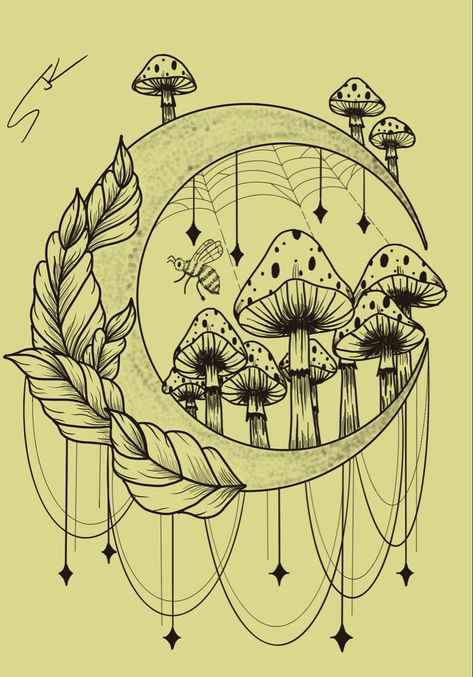 Moon And Mushroom Painting, Moon With Mushrooms Tattoo, Moon And Mushroom Art, Mushroom Frame Drawing, Mushroom Drawings Cute, Moon And Plants Drawing, Moon And Crystals Drawing, Mushroom Circle Drawing, Moon And Mushroom Drawing