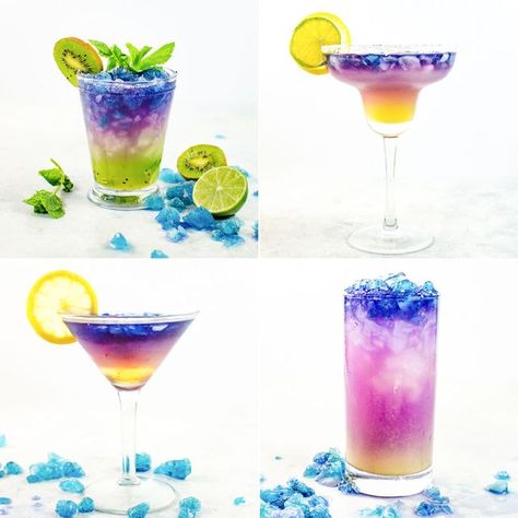 Magical Color Changing Cocktails (Galaxy Cocktails) Magical Cocktails, Lemonade Slushie Recipe, Lemonade Slushies, Best Mixed Drinks, Cocktail Shots, Colorful Drinks, Mojito Cocktail, Festa Harry Potter, Colorful Cocktails