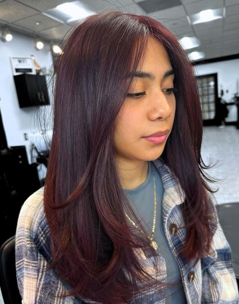 Mahogany Hair Color Burgundy, Best Hair Color For Hazel Green Eyes, Brownish Purple Hair, Cherry Red Hair On Brown Skin, Dark Mahogany Brown Hair, Long Hairstyles For Straight Hair, Cherry Brown Hair Color, Brown Red Copper Hair Color, Black To Red Hair