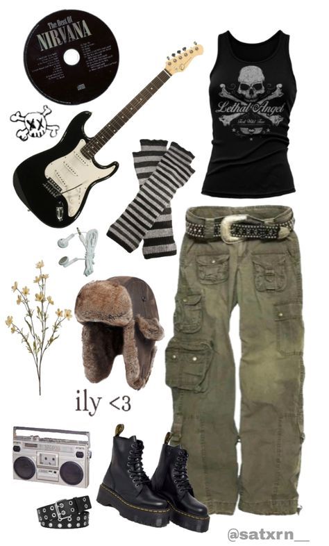 Punk Rock Grunge Outfits, Grudge Core Outfit, Rockstar Punk Outfit, Punk Rock Outfits Aesthetic, Outfit Inspo Y2k Grunge, Midwest Emo Aesthetic Clothes, 90s Metal Fashion, How To Dress Grunge, Grunge Outfit Layout