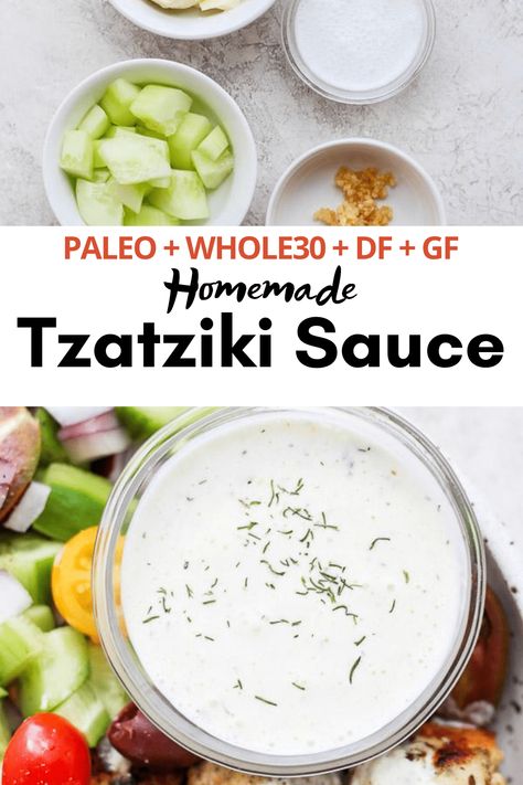 Dairy Free Tzatziki Sauce - An easy, light and refreshing cucumber sauce that is perfect for your favorite Greek recipe! Vegan Tzatziki Sauce, Easy Tzatziki Sauce, Easy Tzatziki, Cucumber Yogurt Sauce, Dairy Free Dips, Dairy Free Sauces, Cucumber Sauce, Tzatziki Sauce Recipe, Vegan Tzatziki