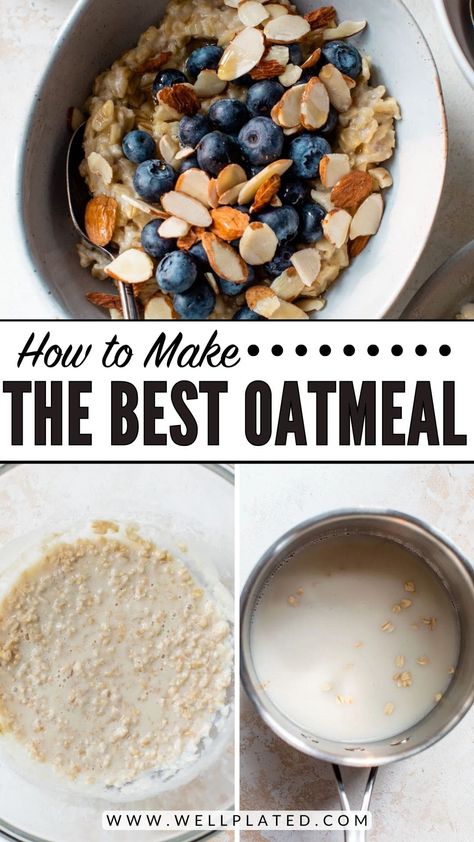 How to make oatmeal from scratch on the stovetop or in the microwave, plus topping ideas—just 10 minutes for a healthy, hearty breakfast! Perfect Oatmeal How To Make, How To Cook Oatmeal On Stove, How To Make Oatmeal On The Stove, Stove Top Oatmeal Recipes, Stove Top Breakfast, How To Make Oatmeal, Stove Top Oatmeal, Oatmeal Stovetop, Stovetop Oatmeal