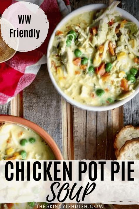 When you’re eating healthy, but craving that classic taste of Chicken Pot Pie, try my lightened up Chicken Pot Pie Soup recipe! It’s easy and quick and it gives you that creamy and cozy soup that you just have to have on cool days! #chickenpotpie #soup Healthy Chicken Potpie Soup, Weight Watcher Chicken Pot Pie Soup, Ww Chicken Pot Pie Soup, Chicken Pot Pie Soup Weight Watchers, 21 Day Fix Chicken Pot Pie Soup, Weight Watchers Chicken Pot Pie Soup, Hardy Soup Recipes, Hardy Recipes, Potpie Soup