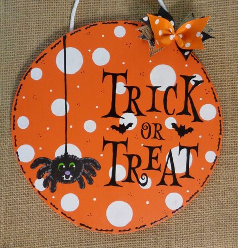 TRICK or TREAT SIGN Halloween Circle Spider Autumn Fall Wall Door Hanger Trick Or Treat Door Hangers, Thanksgiving Wood Crafts, Halloween Plaque, Crafts Thanksgiving, Trick Or Treat Sign, Halloween Wood Signs, Orange Circle, Circle Crafts, Halloween Door Hangers