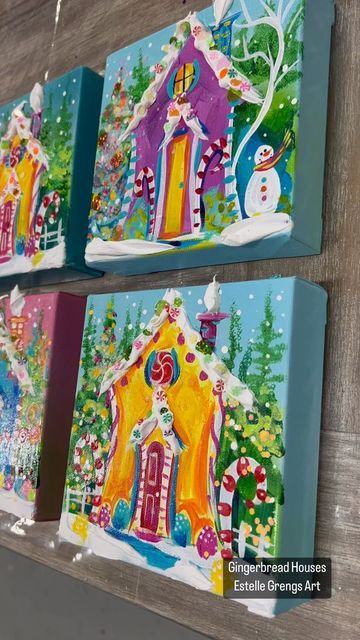 Estelle Grengs Art on Instagram: "So much fun creating these ginger houses! 6x6x1.5 and can sit or hang! DM for purchase Info. #gingerbread #gingerbreadhouses #gingerbreadhouse #christmasdecor #funart #acrylicart #impastopainting #impasto #paletteknifepainting #snow #newenglandlife #newhampshire #sparkle #holidaydecor" Christmas Art Class Ideas, Gingerbread House Paintings, Gingerbread House Art Project, Gingerbread House Painting, Gingerbread House Art, Easy Gingerbread House, Gingerbread Art, Xmas Gingerbread, Christmas Art Projects