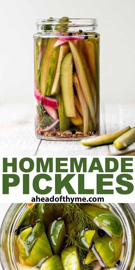 Homemade pickles are easy to make at home in just 5 minutes with no canning required. Plus, they are ready to eat in just 1 to 2 days! Making homemade pickles is easier than you might think, and the best part is that you can adjust the ingredients to make pickles that are perfect for you. Add them to your favorite burgers, sandwiches, salads, or any meal that needs that extra crunch. | aheadofthyme.com #pickles #homemadepickles #howtomakepickles #pickledcucumbers via @aheadofthyme Make Pickles From Cucumbers, Pickles From Cucumbers, Making Dill Pickles, Basic Brine, Make Pickles, Canning Peaches, How To Make Pickles, Vegetable Side Dishes Recipes, Persian Cucumber