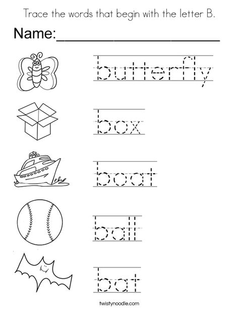 Trace the words that begin with the letter B Coloring Page - Twisty Noodle B Letter Words, Letter B Tracing, Trace Worksheet, Letter B Coloring Pages, Word Tracing, Handwriting Worksheets For Kids, Letter B Worksheets, Worksheet Preschool, Letter Worksheets For Preschool