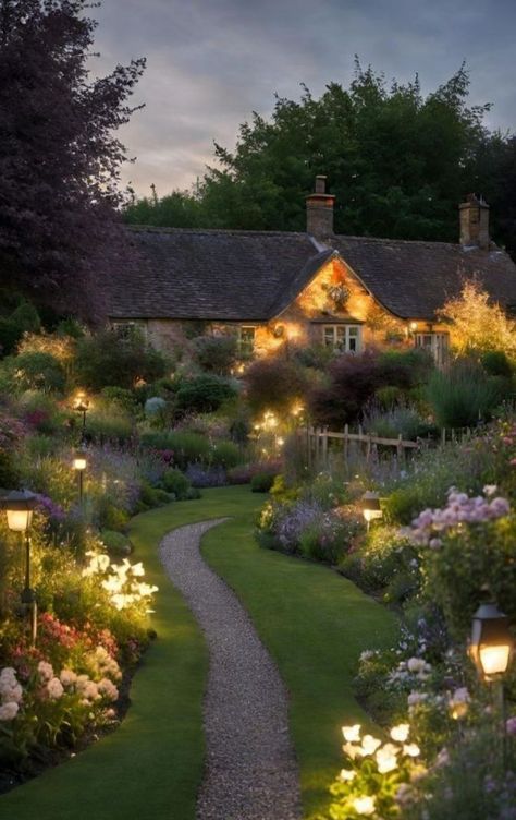 Long Cottage Garden, Country Courtyard Garden, English Cottage Style Exterior, English Garden Backyard, Cottage Garden Aesthetic, Garden Illumination, English Style Garden, English Garden Ideas, Cottage Garden Borders