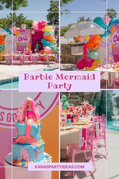 Barbie Mermaid Party Ideas, Barbie Mermaid Birthday Party Ideas, Mermaid Theme Pool Party, Mermaid Splash Party, Mermaid Swim Party, Mermaid Barbie Party, Barbie Swim Party, Mermaid Barbie Birthday Party, Mermaid Pool Party Ideas