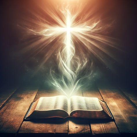 An image of an open Bible on a wooden table, with a glowing, ethereal light in the background forming a cross. The scene represents a moment of spiritual revelation, symbolizing a divine sign connected with the sacred text. Bible Cartoon Images, Bible Background Images, Revelation Wallpaper, Open Bible Image, Bible Decorations Ideas, Godly Images, Signs From God, Bible Background, Hope Decor