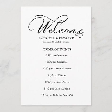 $2.32 | Wedding Order of Events Timeline Schedule #wedding timeline, program, wedding, order of events, church wedding, simple, elegant, calligraphy, formal, black and white Gala Program, Best Day Ever Wedding, Wedding Order Of Events, Night To Shine, Wedding Program Design, Program Wedding, Order Of Events, Schedule Templates, Elegant Calligraphy