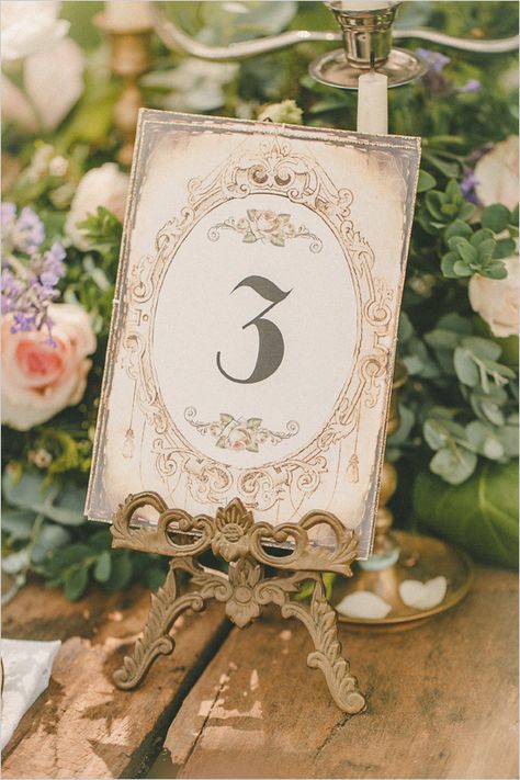 antique table number Portugal White Weddings - Your wedding planner in Portugal Table Numbers Wedding Vintage, Vintage Wedding Table Numbers, Vintage Table Numbers Wedding, Vintage Theme Invitation, Table Markers Wedding, Princess Wedding Decor, Antique Wedding Decorations, Victorian Wedding Decor, Rococo Wedding