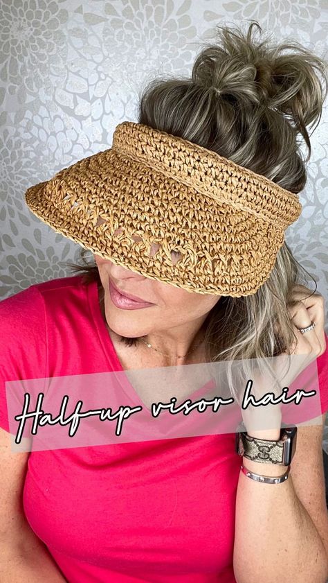 Ashley Erickson on Instagram: “Half-up hair for a visor 🙌🏻 Can be modified for long or short hair! . . #hairreels #reelhair #hairreel #hairstyles #haircut #haircolor…” Visor Hat Hairstyles Short Hair, Sun Visor Hairstyles, Visor Short Hair, Hairstyles For Visors Hats, Visor Hairstyles Cute, Hat Hairstyles Short Hair, Visor Hat Hairstyles, Short Hair Hat, Ashley Erickson