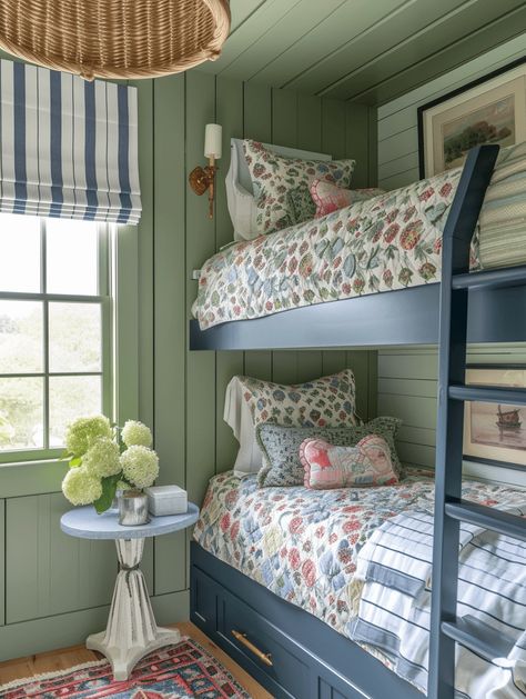 coastal cottage girls blue painted bunk beds with light green walls and rattan light fixture Bunk Beds Guest Room Ideas, Bunk Bed In Front Of Window, Sea House Interior, Coastal Bunk Room, Lake House Bunk Rooms, Farm Pool, Oasis Bedroom, House Manifestation, Coastal Cottage Bedroom