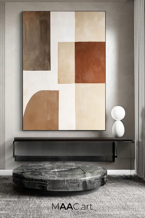 Minimalist abstract geometric painting with earthy tones: brown, beige, and white shapes on canvas, original handmade artwork Abstract Geometric Painting, Geometric Painting, Abstract Geometric Art, Modern Scandinavian, Handmade Artwork, Minimalist Decor, Geometric Art, Earthy Tones, Art Original