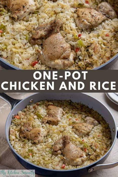 Easy 30-minute stovetop one pot chicken and rice is made with seasoned boneless, skinless chicken thighs, herbs, broth, and rice! Comfort food bliss! Chicken Thigh And Rice Recipe, Southern Chicken And Rice, Chicken Thigh Casserole, Boiled Chicken And Rice, Minute Rice Recipes, Skinless Chicken Breast Recipes, One Pot Chicken And Rice, Chicken And Rice Recipe, Southern Chicken