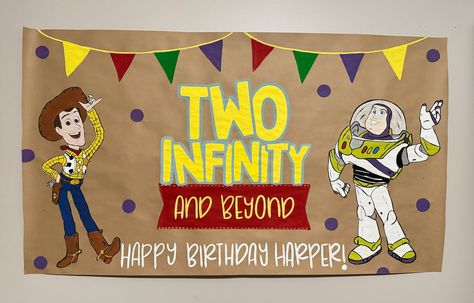 Toy Story Birthday Banner Diy, Toy Story Signs Diy, Twin Finity And Beyond Birthday, Toy Story Banner Birthday, Toy Story Party Signs, Hand Painted Banner Birthday, Toy Story 2 Birthday Party Ideas, Two Infinity And Beyond, Toy Story Second Birthday Party