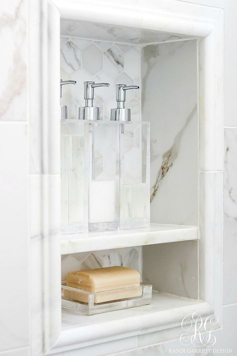 5 Stylish ways to Make your Bathroom Feel Custom Bathroom Shower Nook Ideas, Shower Niche Shelf Ideas, Powder Bathroom Accessories, Oblong Marble Tile Bathroom, Master Bath Hand Towel Ideas, 12x20 Shower Niche, Statuary Marble Bathroom, Shower Window Shelf, Marble Bathroom Niche