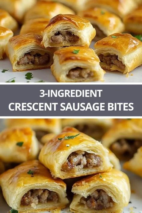 3-Ingredient Crescent Sausage Bites 3 Ingredient Crescent Sausage Bites, Mini Pancake Sausage Bites, Sausage Egg And Cheese Crescent Rolls, Sausage Croissant Rolls, Bite Size Breakfast Ideas, Sausage Rolls With Crescent Rolls, Crescent Roll Breakfast Recipes Sausage, Sausage Bites Appetizers, Cream Cheese Sausage Crescent