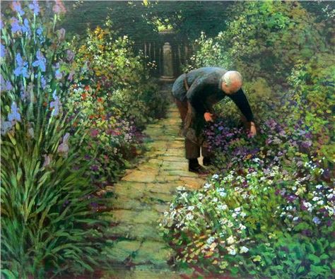 Primo Emeritus, Man Gardening, Gardening Painting, Garden Watercolor, Old Couples, Book Aesthetics, Forest Painting, Garden Painting, Canadian Art