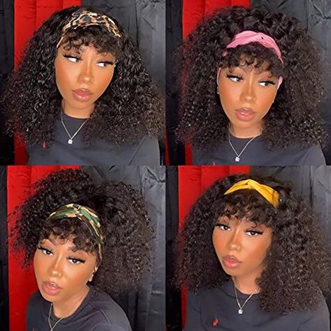 How To Style Afro Wig With Scarf, Curly Wig With Headband, Bang Wigs, Styling Headband Wig, Afro Headband Wig, Bangs Inspiration, Curly Headband Wig, Short Hair Fringe, Bangs Curly