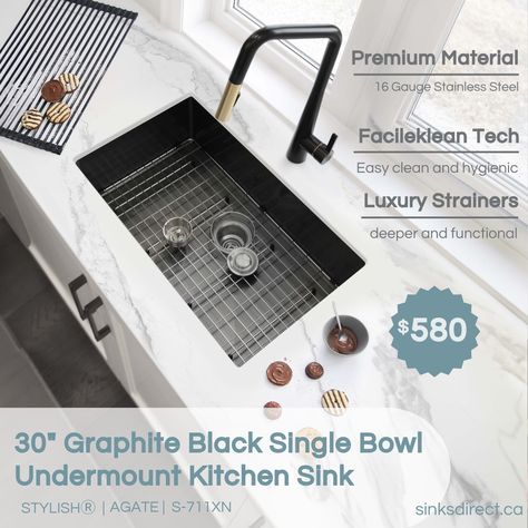 Upgrade your kitchen with this sleek Stylish® Agate S-711XN  30" Graphite Black undermount kitchen sink! ✨ Made from premium T-304 stainless steel, it boasts a deep basin, easy-to-clean rounded corners, and FacileKlean tech for scratch & heat resistance. Includes a luxury strainer, soundproofing, and fast-draining X-shaped grooves. 🔥 #KitchenUpgrade #ModernDesign #SinksDirect Black Undermount Kitchen Sink, Black Kitchen Sink, Sink Kitchen, Kitchen Upgrades, Undermount Kitchen Sinks, Black Kitchen, Kitchen Inspo, Stainless Steel Sinks, Sound Proofing