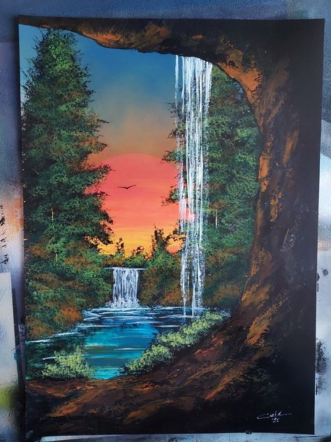 Waterfall Scenery Painting, Canvas Painting Waterfall, Canvas Scenery Painting Easy, Canvas Painting Ideas Scenery, Nature Paintings Acrylic, Waterfall Painting, Design Art Nouveau, Fall Canvas Painting, Sky Art Painting