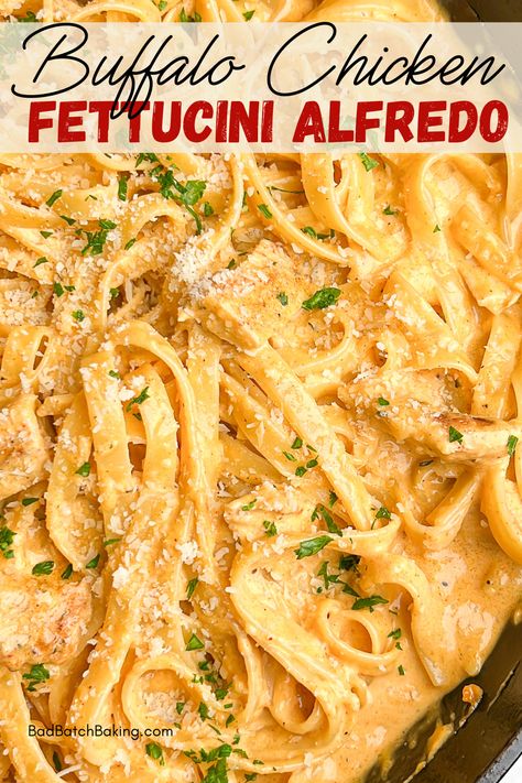 Buffalo Chicken Alfredo - Bad Batch Baking - Restaurant Copycat Recipes & Family Favorites Buffalo Chicken Alfredo, Fettucini Alfredo Chicken, Chicken Fettucini, Macaroni Dishes, Chicken Fettucine, Creamy Buffalo Chicken, Spicy Chicken Pasta, Easy Chicken Tetrazzini, Chicken Alfredo Fettuccine Recipe