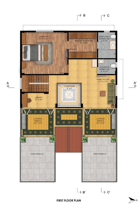 Courtyard House by Alkove-Design Courtyard House Plans Small Modern, Small House Design Kerala, Modern Courtyard House, Architecture Courtyard, 4 Bedroom House Designs, Duplex Floor Plans, Modern Courtyard, House Plans Ideas, House Roof Design