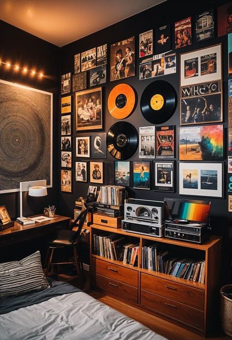 Room Decor Guys Aesthetic, Urban Dorm Room Ideas, Gallery Wall Music Theme, Wall Of Posters Bedroom, Dorm With Posters, Mens Room Wall Decor, Room Layouts Bedroom, Art Space At Home, Vinyl Room Ideas