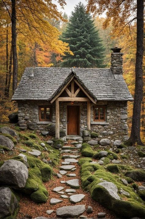 Small Stone Cottage, Cute Small Houses, Building Memories, Stone Cabin, Log Cabin Interior, Little Cabin In The Woods, Log Cabin Rustic, Stone Cottages, Wood Working Projects