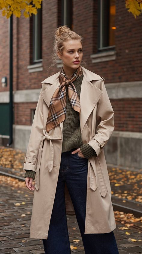 Discover the perfect autumn look with our model showing off a stylish beige trench coat, paired beautifully with a brown plaid scarf that adds a trendy twist. Underneath, a warm green knit sweater brings a pop of color, while dark blue jeans keep it casual and chic. Her hair is elegantly styled in a bun, making this outfit ideal for a day out.🍂✨ #FallFashionTrends #TrenchCoat #StreetStyle #FallFashion #autumnfashion Trench Coat With Scarf Outfit, Trench Coat Scarf Outfit, Beige Trench Coat Outfit Fall, Trench Coat Outfit Casual, Trench Coat Scarf, Burberry Scarf Outfit, Beige Trench Coat Outfit, Trench Coat Outfit Fall, Colorfull Style