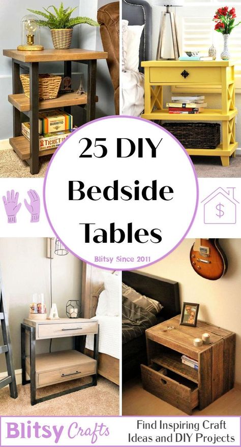 25 Cheap DIY Bedside Table Plans and Ideas Bedroom Side Tables Night Stands, Alternative Bedside Table Ideas, Bedside Table Plans, Bedside Table Height, Night Stands Ideas, Unusual Bedside Tables, Diy Night Stand, Creative Bedside Table, Diy Bedside Table