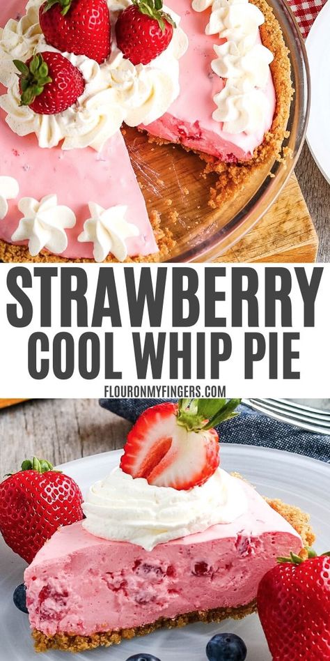 Quick and easy strawberry Cool Whip pie with a graham cracker crust and fluffy filling. Retro no bake dessert recipe with sweet berry flavor in every bite! #strawberryCoolWhippie #strawberryJellopie #Jellopie #strawberrypie #strawberries #pie #easydesserts #nobakedesserts #nobake Strawberry Cool Whip Pie, Strawberry Cool Whip, Cool Whip Pie, Graham Cracker Dessert, Cool Whip Pies, Easy Strawberry Pie, Pie No Bake, Cracker Dessert, Cool Whip Desserts