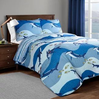 Shop for beach bedding sets online at Target. Free shipping on orders of $35+ and save 5% every day with your Target RedCard. Coastal Quilt Sets, Shark Quilt, Shark Bedding, Coastal Quilts, Big Kid Bedroom, Shark Pattern, Blue Throw Blanket, Shark Print, Full Bedding Sets