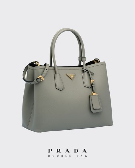 Slate/black Medium Saffiano Leather Double Prada Bag | Prada Metal Lettering, Bag Prada, Medium Sized Bags, Prada Logo, Prada Saffiano, Lettering Logo, Formal Shoes For Men, Blue White And Black, Leather Belts