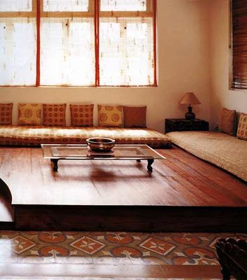 I Love Bhaitaks -A floor level seating arrangement that comprises of thick soft mattresses placed against walls and loads of decorative cush... Living Room Seating Ideas Without Sofa, Low Seating Living Room, Living Room Indian, Floor Seating Living Room, Furnitur Ruang Keluarga, Indian Living Room, Indian Living Rooms, India Home Decor, Floor Sitting