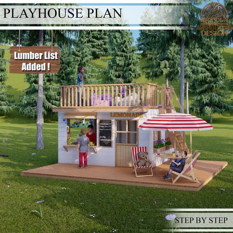 Playhouse Plan, Kids Clubhouse, Wood Playhouse, Clubhouse Design, Store Plan, Playhouse Plans, Kids Garden, Construction Process, Lemonade Stand