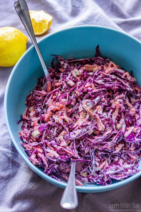 Creamy Red Cabbage Coleslaw Recipe - Happy Foods Tube Red Coleslaw Recipe, Red Cabbage Coleslaw Recipe, Purple Cabbage Coleslaw, Cabbage Coleslaw Recipe, Red Coleslaw, Cabbage Meals, Clean Salads, Red Cabbage Slaw Recipes, Red Cabbage Coleslaw