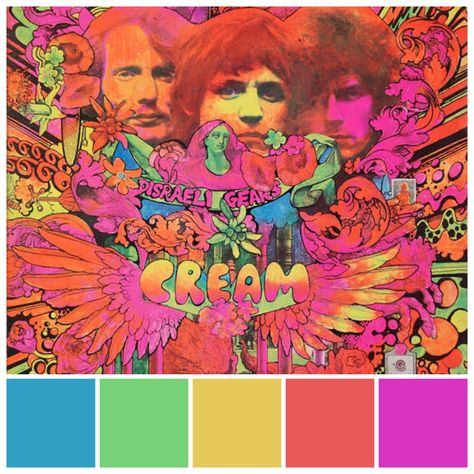 Psychedelic colours feature double or triple complementary colour combinations. These colour combos served as an effective visual code, simultaneously attracting members of the hippie, counter culture tribe while repelling members of the establishment who preferred more conservative colour combos. Psychedelic colours are one of the most effective visual signifiers of the 20th century. Colour palette illustration by Zena O’Connor featuring Cream’s Disraeli Gears (1967) cover art by Martin Sharp. Psycadelic Colour Palette, Vibrant Color Schemes Colour Palettes, Festival Color Palette, Hippie Color Palette, Rock Color Palette, Colour Palette Illustration, Festive Color Palette, Flower Maze, Disraeli Gears