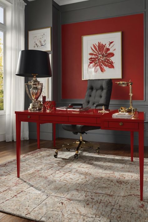 home decor,office redesign,interior design trends,red accents Red And Black Office, Office Color Palette, Green Home Offices, White Office Decor, Statement Walls, Black And White Office, Office Vibes, Red Desk, Franklin Homes