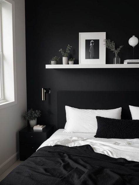 Dark Bedroom Ideas Black, Monochromatic Bedding, Bedroom Sconces, Dark Bedroom Ideas, Black Platform Bed, Black Wall Sconces, Bedroom Ideas Black, Black And White Bedroom, Mens Bedroom Decor